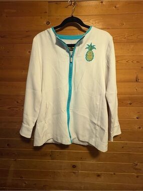 White Knit Zip Jacket with Teal Trim and Pineapple Patch